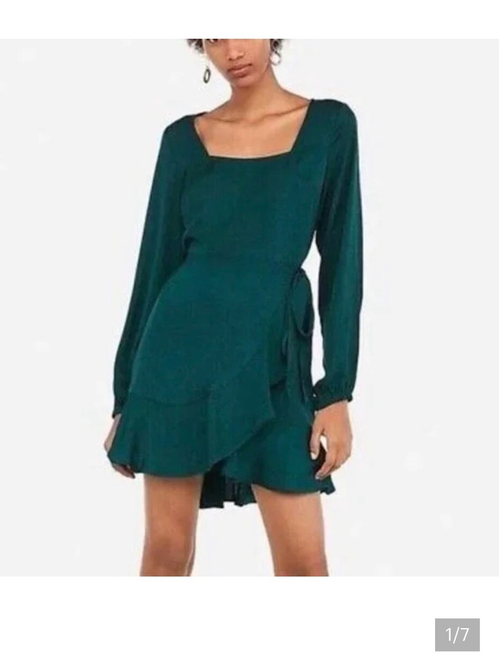 NWT Express Emerald Green Square Neck Ruffle Wrap Mini Dress Small Satin Feel